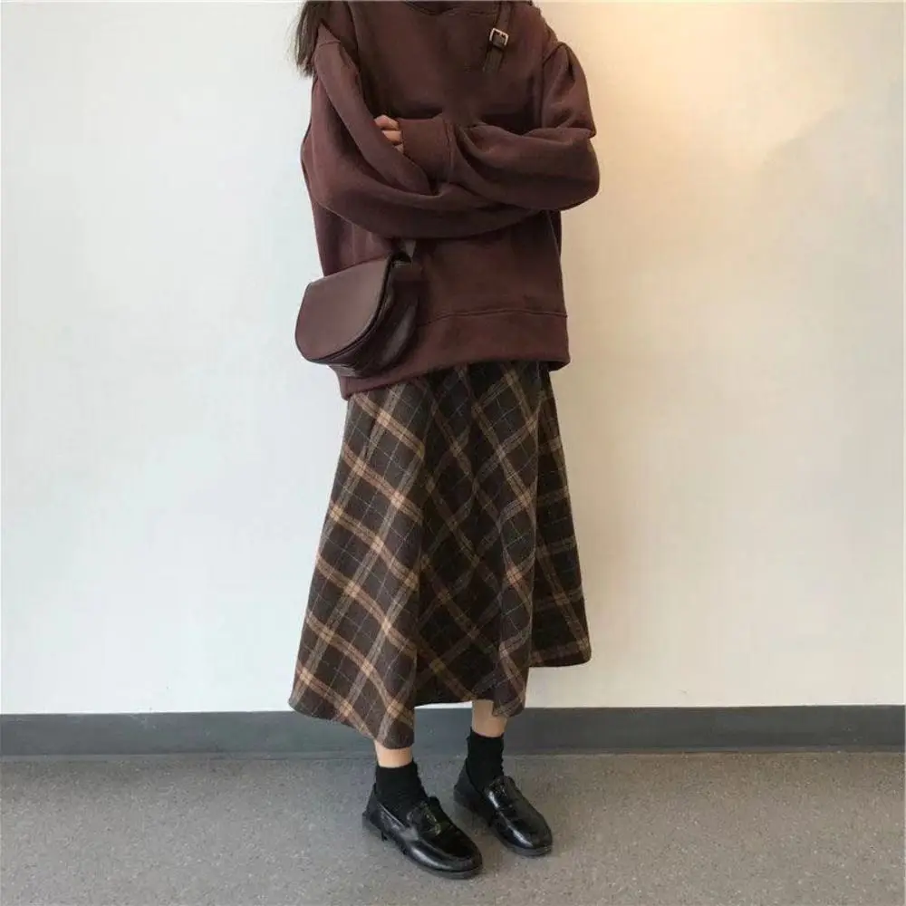 Retro High Waist Retro Plaid Skirt Slim Fit Classical High Waist Long Skirt Preppy Style Aesthetic A-line Half Dress Women