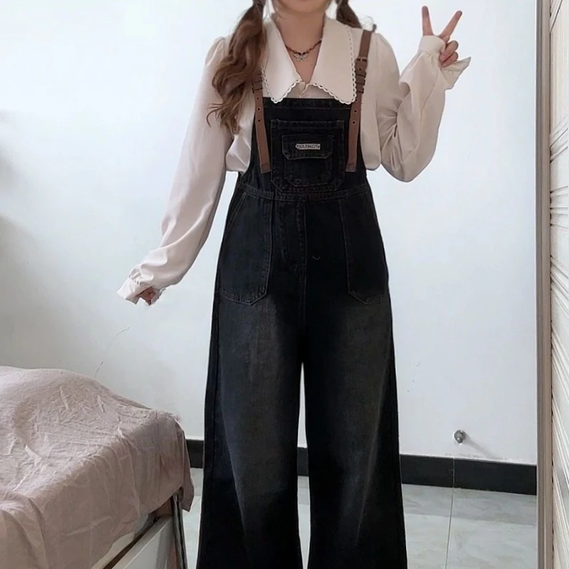

Korean Fashion Harajuku Denim Jumpsuit Women Loose High Waist Wide Leg Jeans Pants All Match Trousers Streetwear Teens Overalls