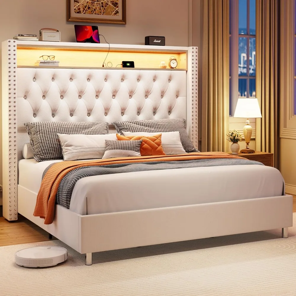 Queen Bed Frame with LED Lights Charging Station, Velvet Tall Upholstered Platform Bed Frame, No Box Spring NeededLM