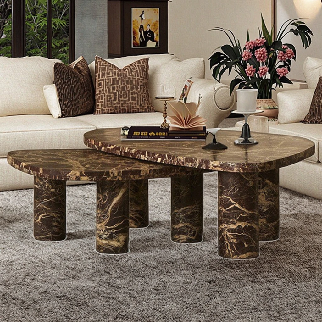 Customized High Quality Modern Design Red Marble Center Coffee Table Set 2 Natural Stone JINZHI STONE Easy Clean Home Furniture