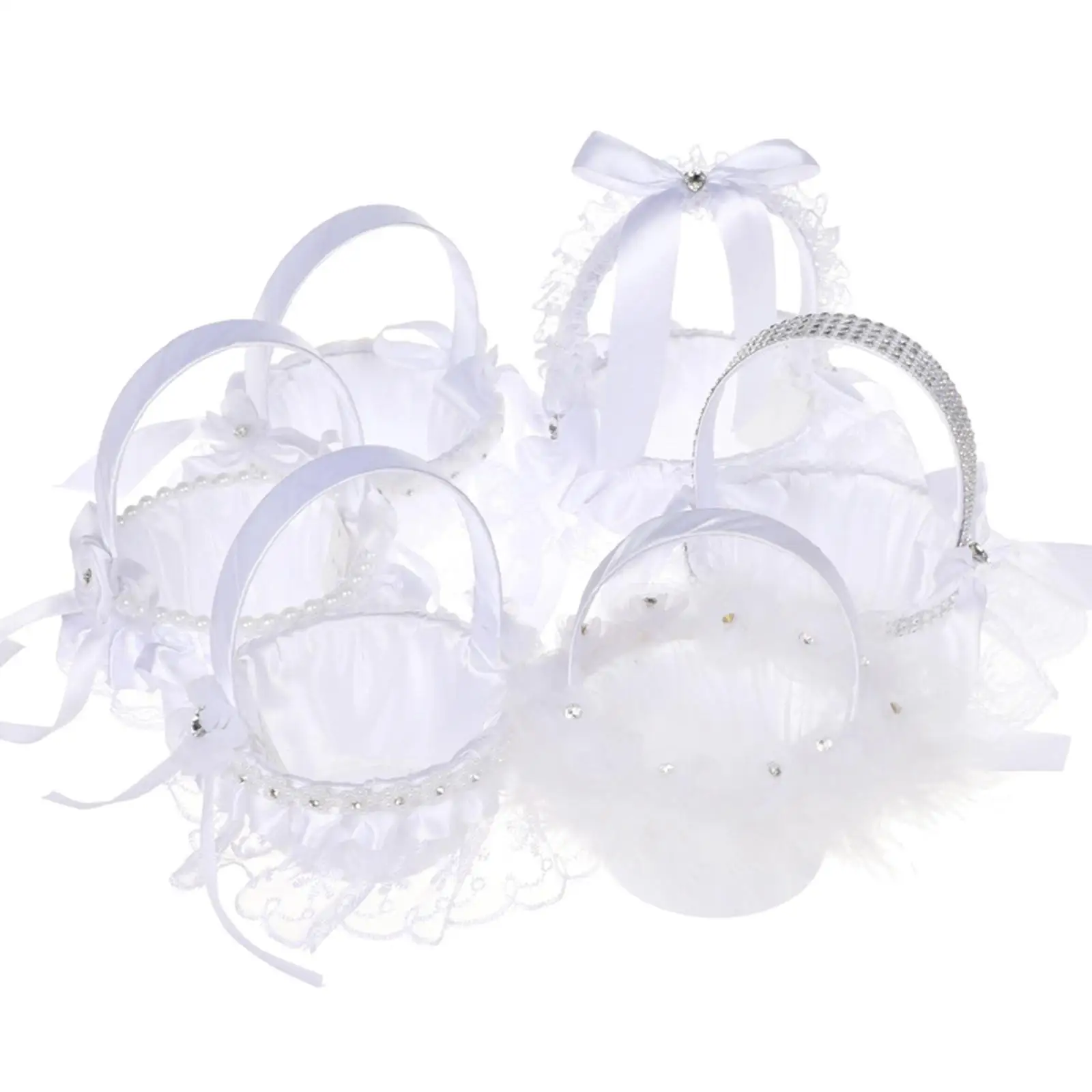 White Flower Girl Basket with Handle Bridesmaid Flower Petal Basket for Photo