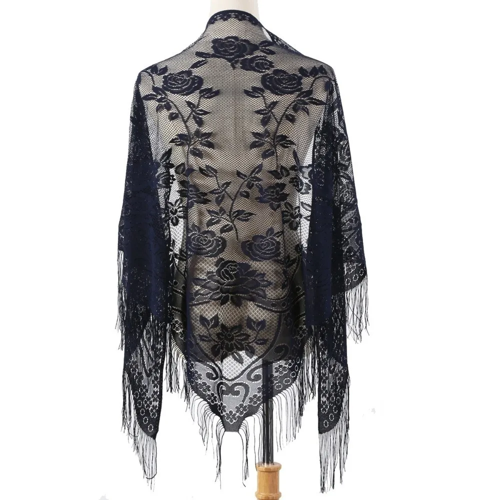 Tassel Patchwork Women Tulle Shawl With Tassel V-Neck Cardigans Evening Prom Cape Multicolored Hollow Mantilla Lace Veil Cosplay