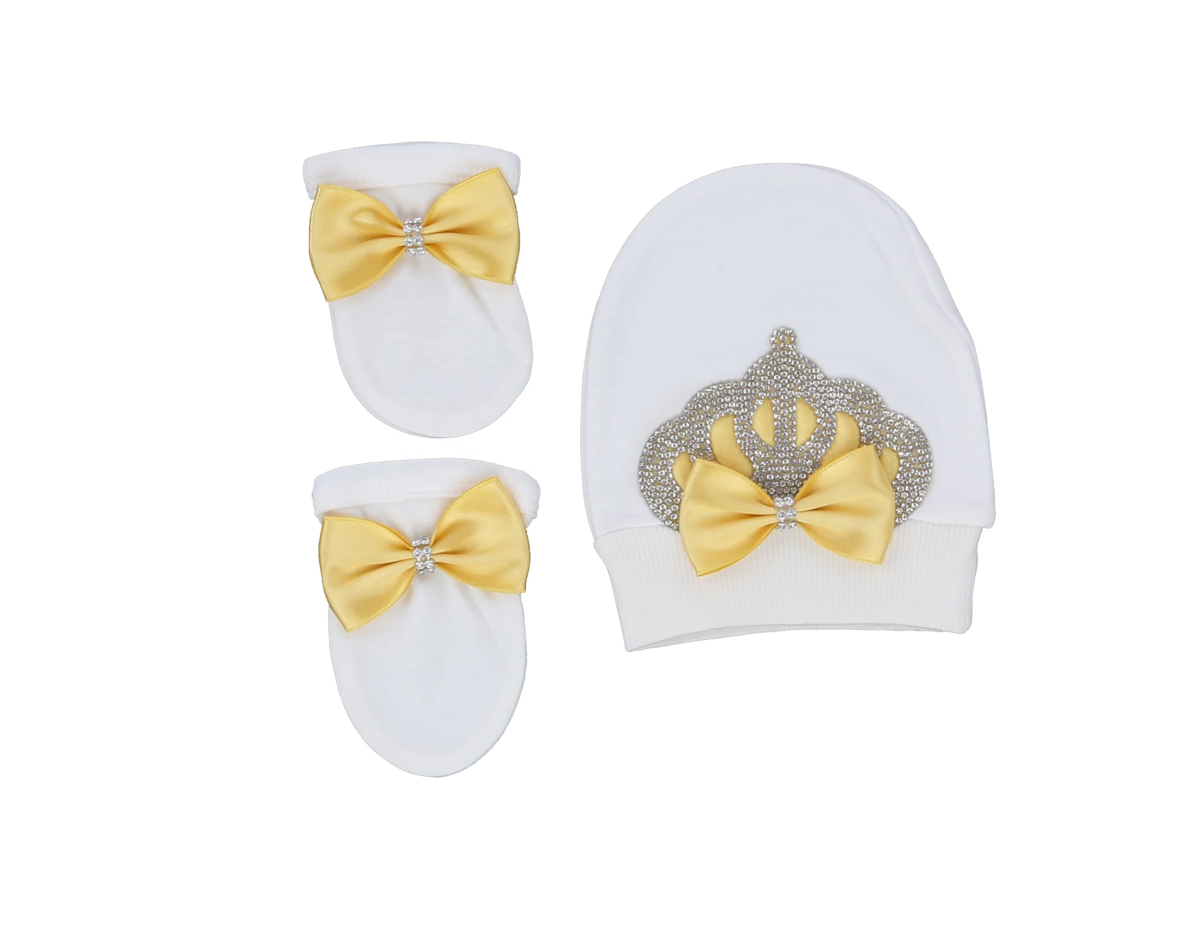 Footed Romper Newborn 0-9 Months 4 Piece Set White Yellow Crown Bow Prince Royal Boutique Baby Shower Gift With Hat Mittens Shoe