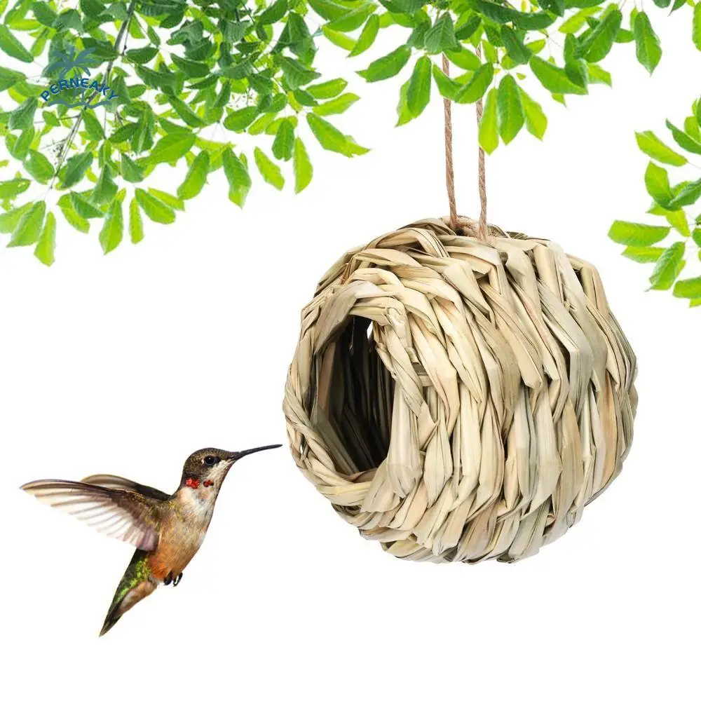 

Decorative Grass Bird Nest Hand Woven Spherical Hanging Hummingbird Nest House Natural Grass with Hanging Rope