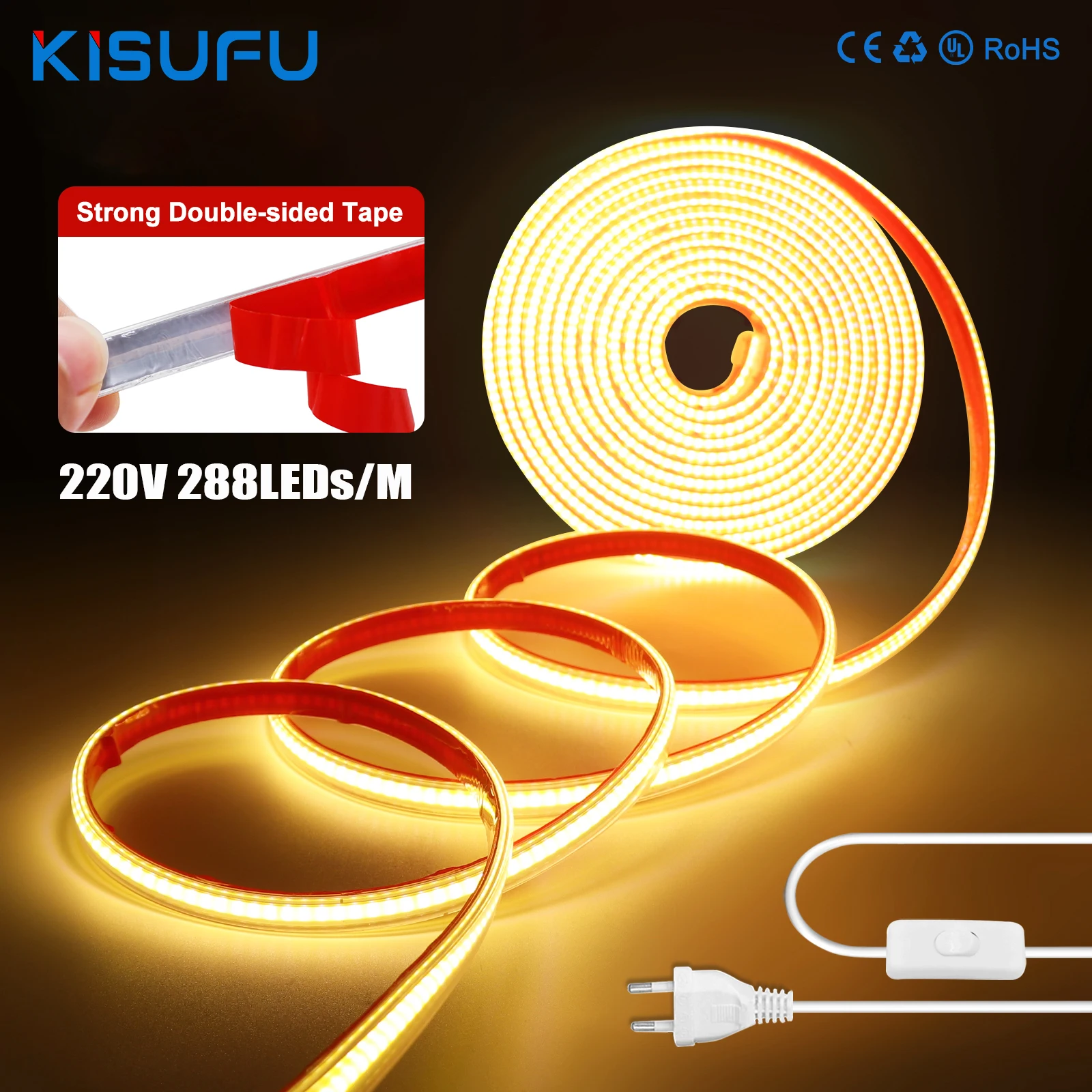 AC220V COB LED Strip Light With/No Switch Plug 288LEDs 3000K 4000K 6000K Flexible Ribbon Rope LED Light Adhesive Garden Decor