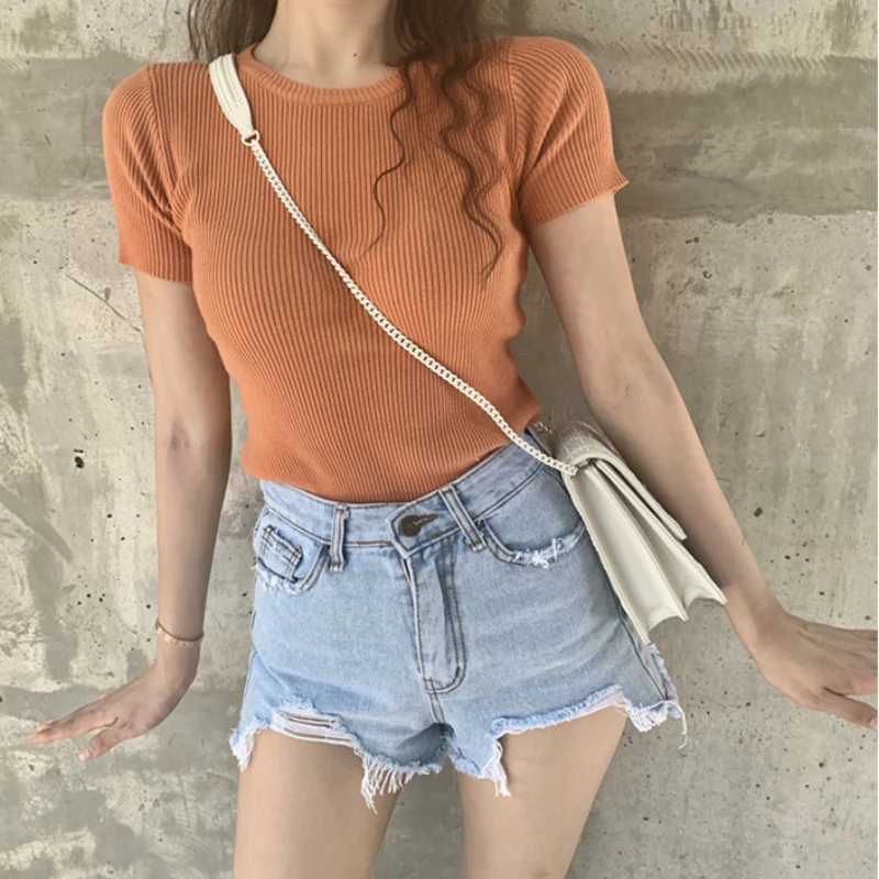 

2024 New Summer Tops Fashion Simple Round Neck Pit Knit Slim Tees Casual Solid Korean Versatile Short Sleeve Women's T-shirt