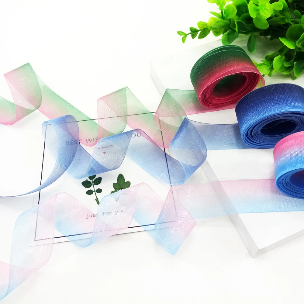 5 Yards 25mm or 38mm or 50mm Gradient Rainbow Color Organza Ribbon For Gift Wrapping DIY Hair Bows Handmade Materials,5Yc2439