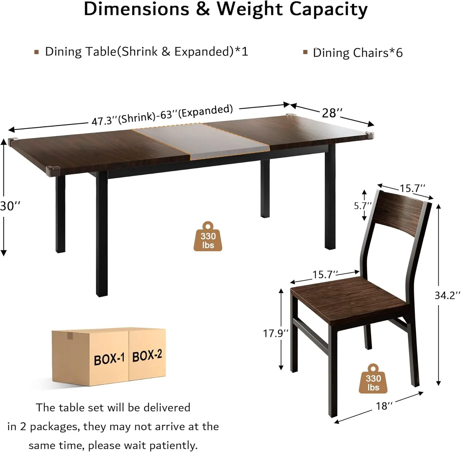 Juego de mesa y sillas de comedor para cocina, Set de mesa extensible con tablero de MDF, Espresso, 4-6, 63 pulgadas, 7 piezas