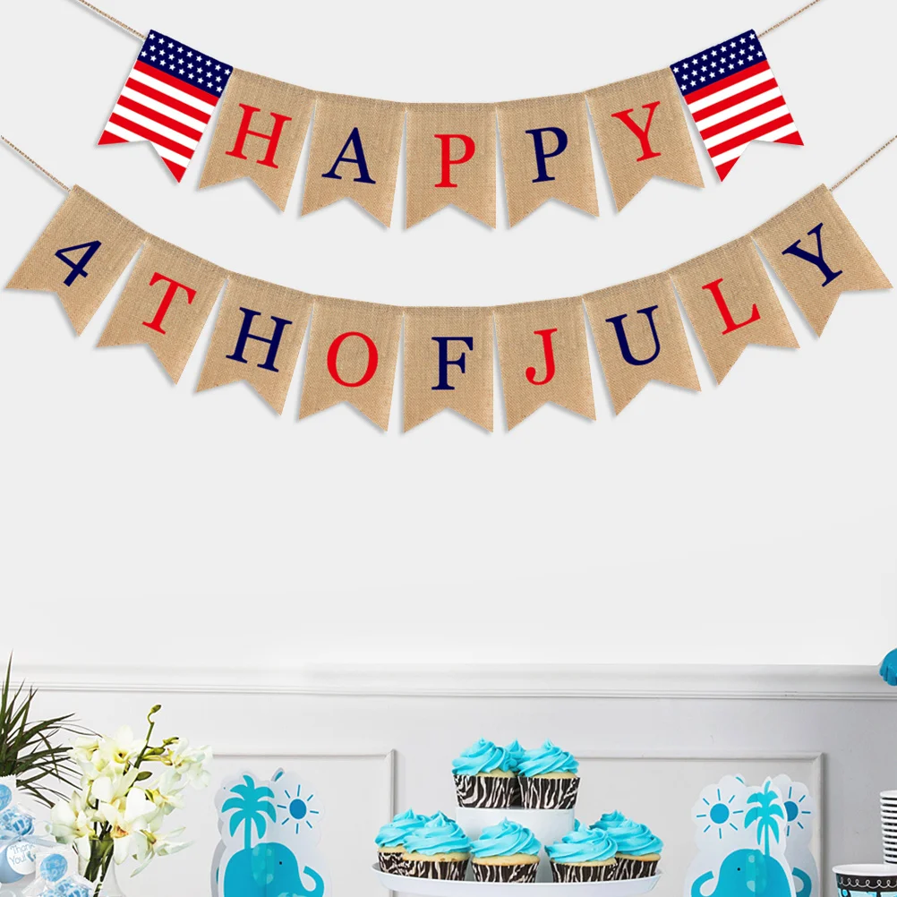 

Burlap Happy 4th of July Banner America Independence Day Swallowtail Garland Party Photo Prop Sign Memorial Day