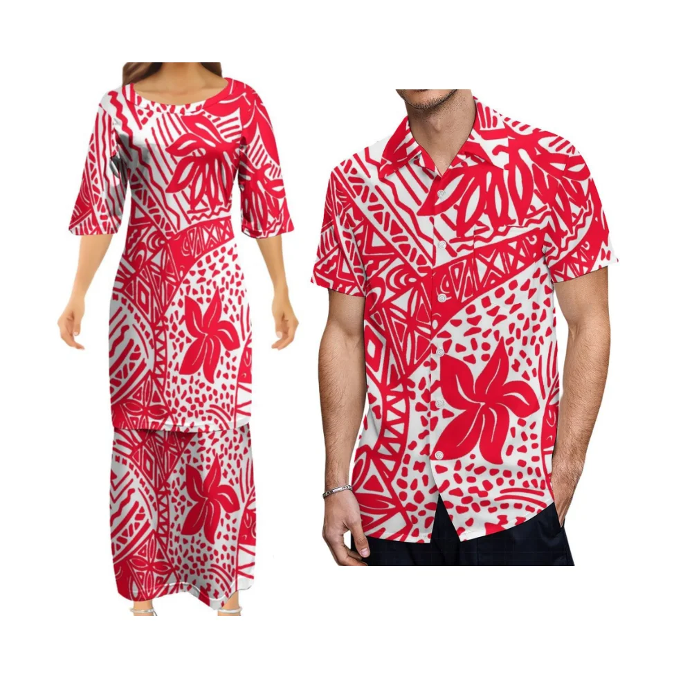 

Новая парная одежда в полинезийском стиле: комфортный женский костюм-пулетаси с круглым вырезом и юбкой, художественная мужская рубашка с коротким рукавом