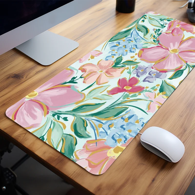 Chic Spring Floral Large Gaming Mouse Pad - Non-Slip Rubber Base, Stitched Edge Desk Mat for Home Office & Gaming, 35.4x15.7 Inc