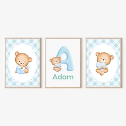 Customized Wall Posters and Prints Nursery Art Teddy Bear Name Personalized Canvas Paintings for Baby Kids Bedroom Decor 3 Pcs