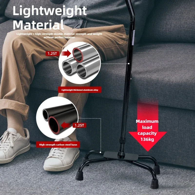 Aluminum Alloy Four-Legged Cane  Adjustable Anti-Slip Walking Stick  10-Level Height Adjustment Cane  Elderly Support Stick