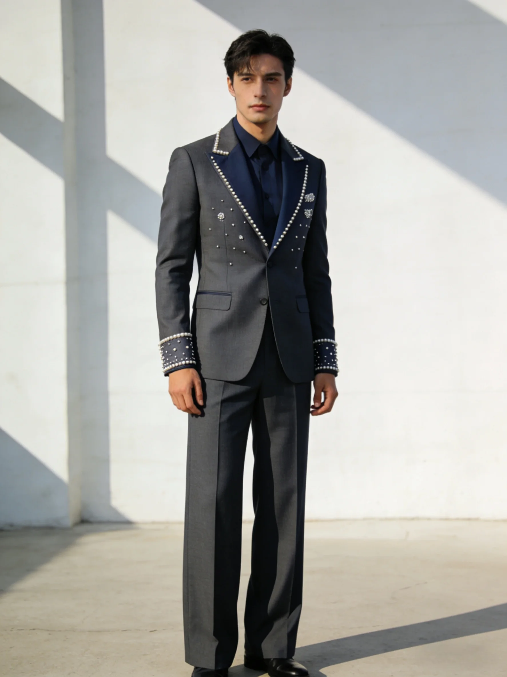 

Dark Grey Pearl Men Suit Set 2 Pcs Groom Blazer+Pants Trousers Cotton Formal Office Coat Wedding Tuxedo Customized Jacket Outfit