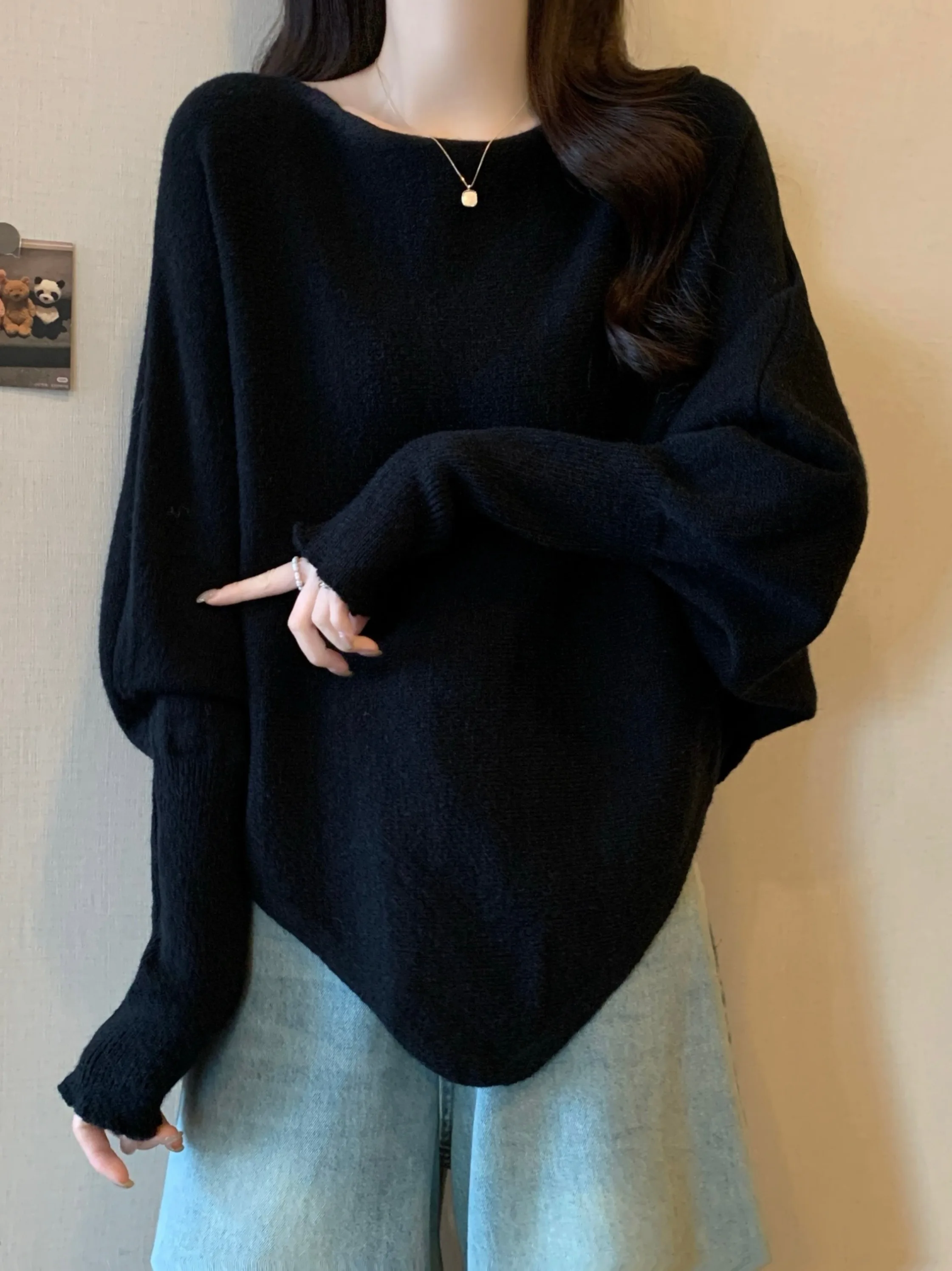 

Elegant Black Knitted Sweater Women's Spring Fashion plus Size Batwing Sleeve Cowl Neck Coat Style Top Asymmetrical Design