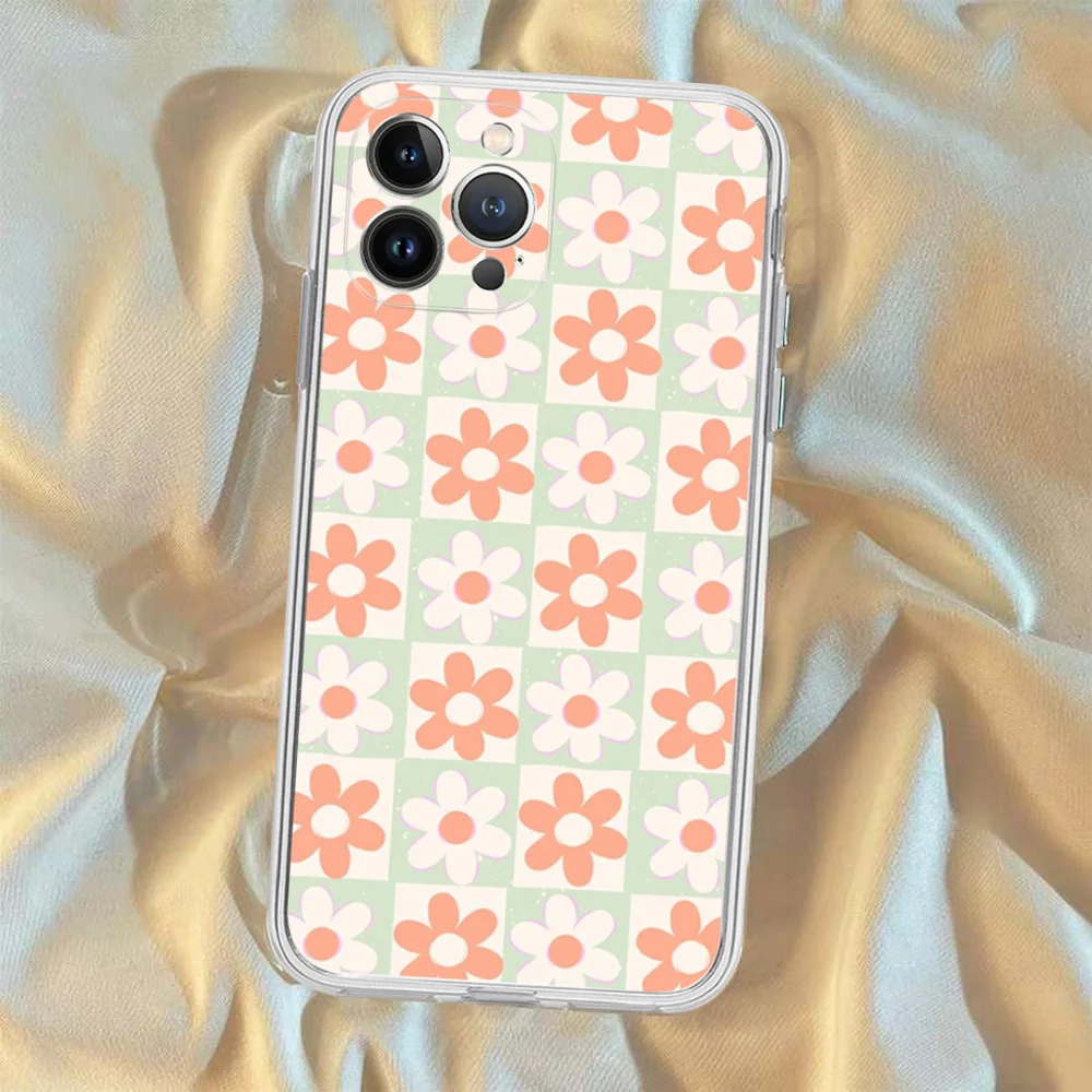 Checkered Flower Phone Case Silicone Soft for iphone 15 14 13 12 11 Pro Mini XS MAX 8 7 6 Plus X XS XR Cover