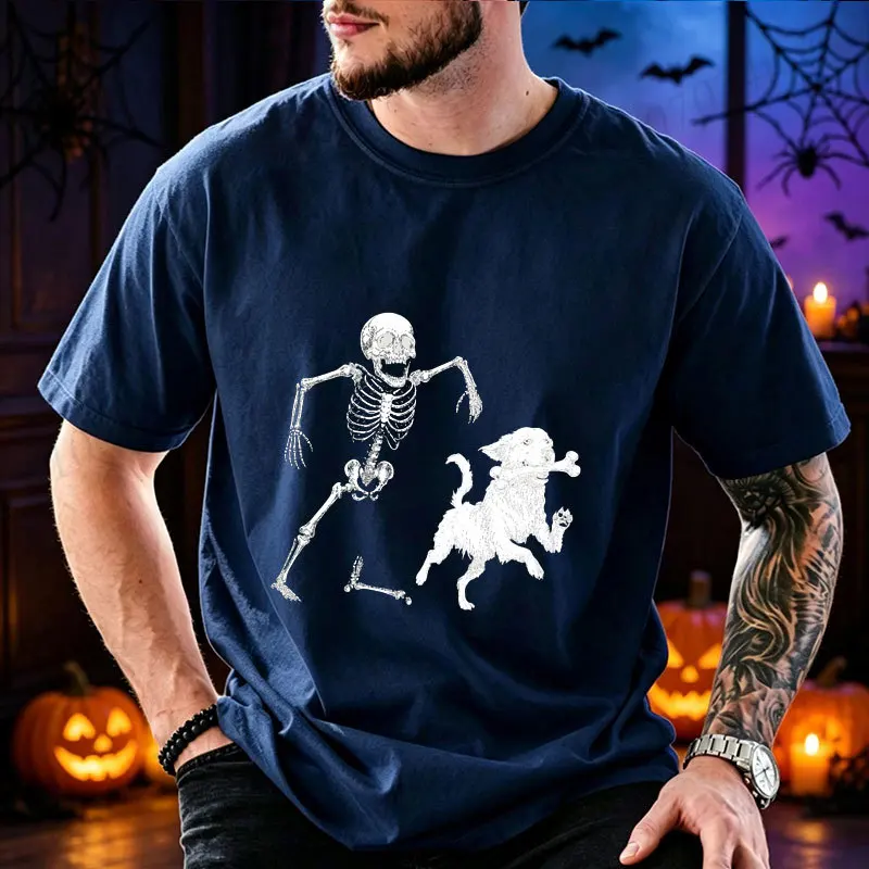 Lustiges Halloween-T-Shirt für Herren, Skelett-Laufhund-Grafik, T-Shirts mit kurzen Ärmeln, lässige Oberteile, gruseliger Humor, Streetwear, Herrenbekleidung – Detail 4