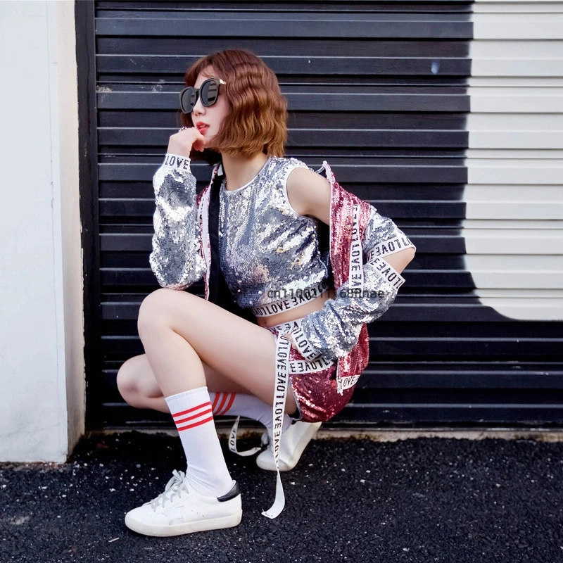 성인 재즈 댄스 스팽글 퍼포먼스 의상, 뉴 재즈 댄스 스트리트 댄스 퍼포먼스 세트, 소녀 힙합 모던 댄스 의상