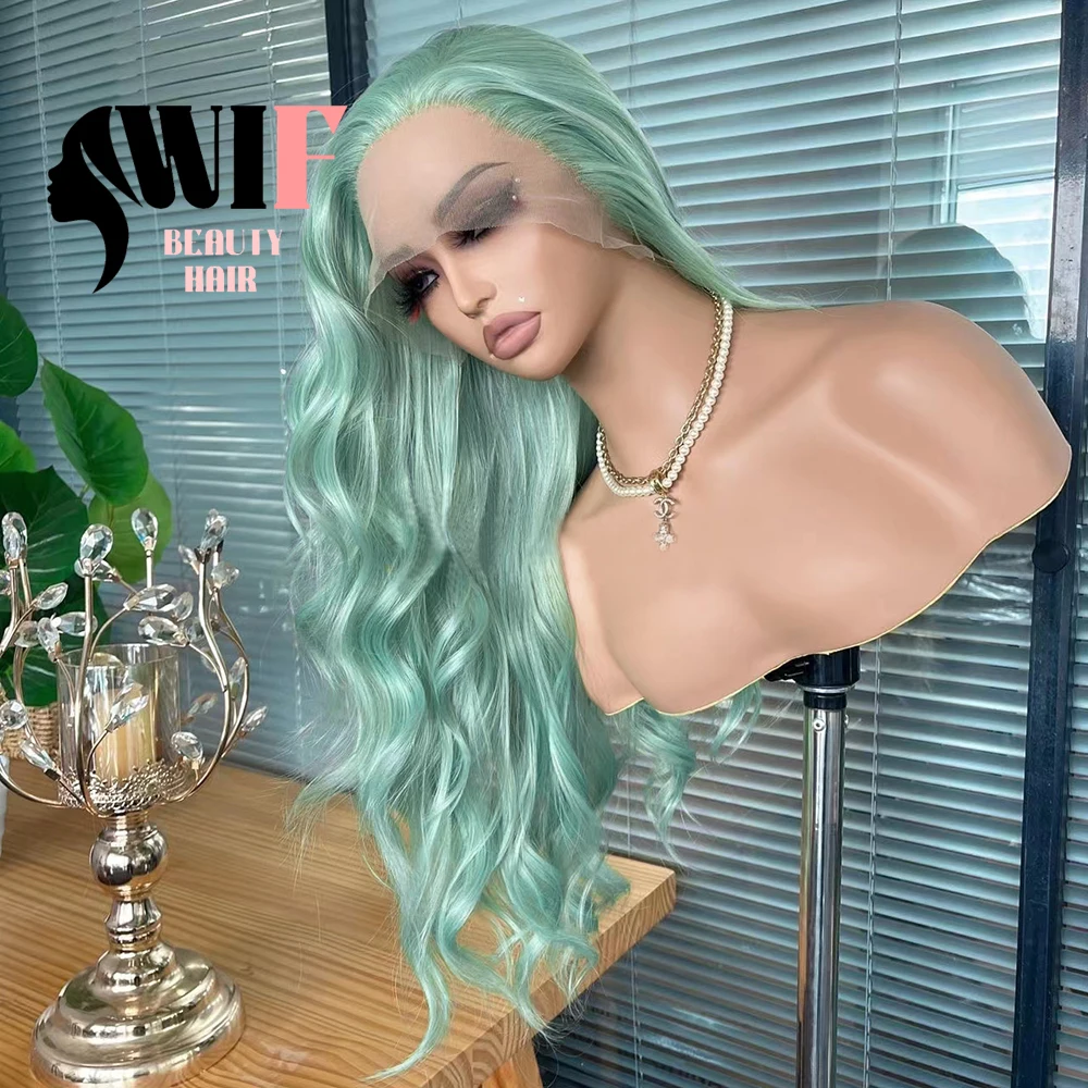 WIF Mint Green Body Wave Synthetic Wig for Women Cosplay Use Natural Hairline Long Wavy Lace Front Wigs Fashion Hair