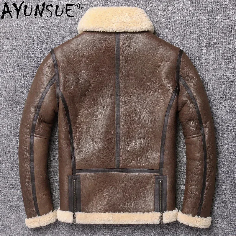 AYUNSUE Men's Genuine Leather Winter Jacket Men Real Fur Coat Sheepskin Shearling Warm Motorcycle Vintage Coats X-L1962