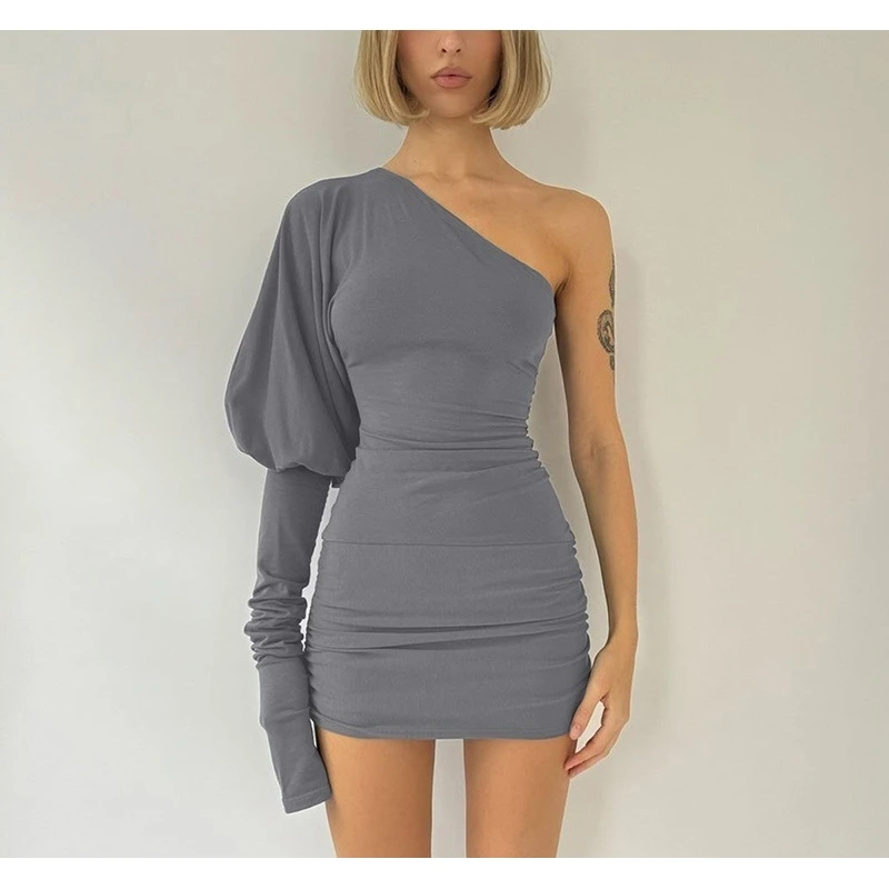 Women Sexy One Shoulder Lantern Sleeve Ruched Bodycon Mini Dress
