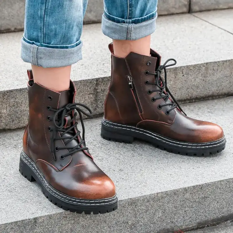 Autumn Winter Men\'s New Leather High Top Big Size Lace Up Casual Boots Thick Sole Non Slip High Quality Retro Work Boots