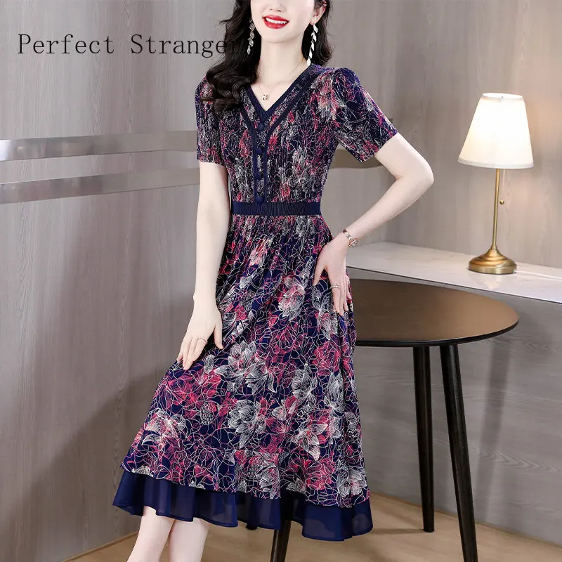 Elegant  2024 Vestidos Lady Slim Casual Floral Basic High Quality Short Sleeve Chic Beach Party Female Robe Women's Long Dresses