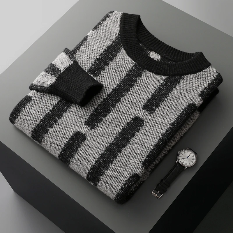 Autumn and winter men's 100% merino wool loose O-neck color matching striped pullover sweater casual cashmere knitted bottoming