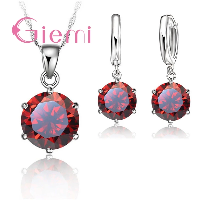 Newest Simple Style Colorful CZ Jewelry Set 925 Sterling Silver  Accessories For Lady Charm Pendant Necklace Hoop Earrings