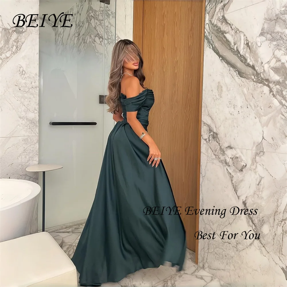 BEIYE – robe de soirée fourreau en Satin vert, charmante, épaules dénudées, sans bretelles, plissée, personnalisée