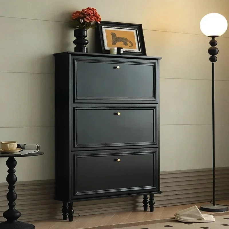 American solid wood ultra-thin tipping bucket shoe cabinet household door retro narrow entry door small apartment bucket cabinet