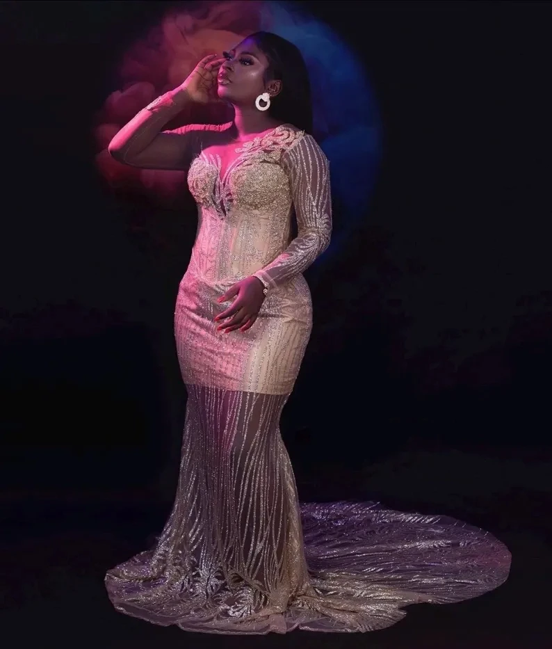 Vestido de fiesta de cóctel para mujer, elegante, personalizado, champán, sirena, diamante brillante, vestido de baile con cuello transparente Sexy