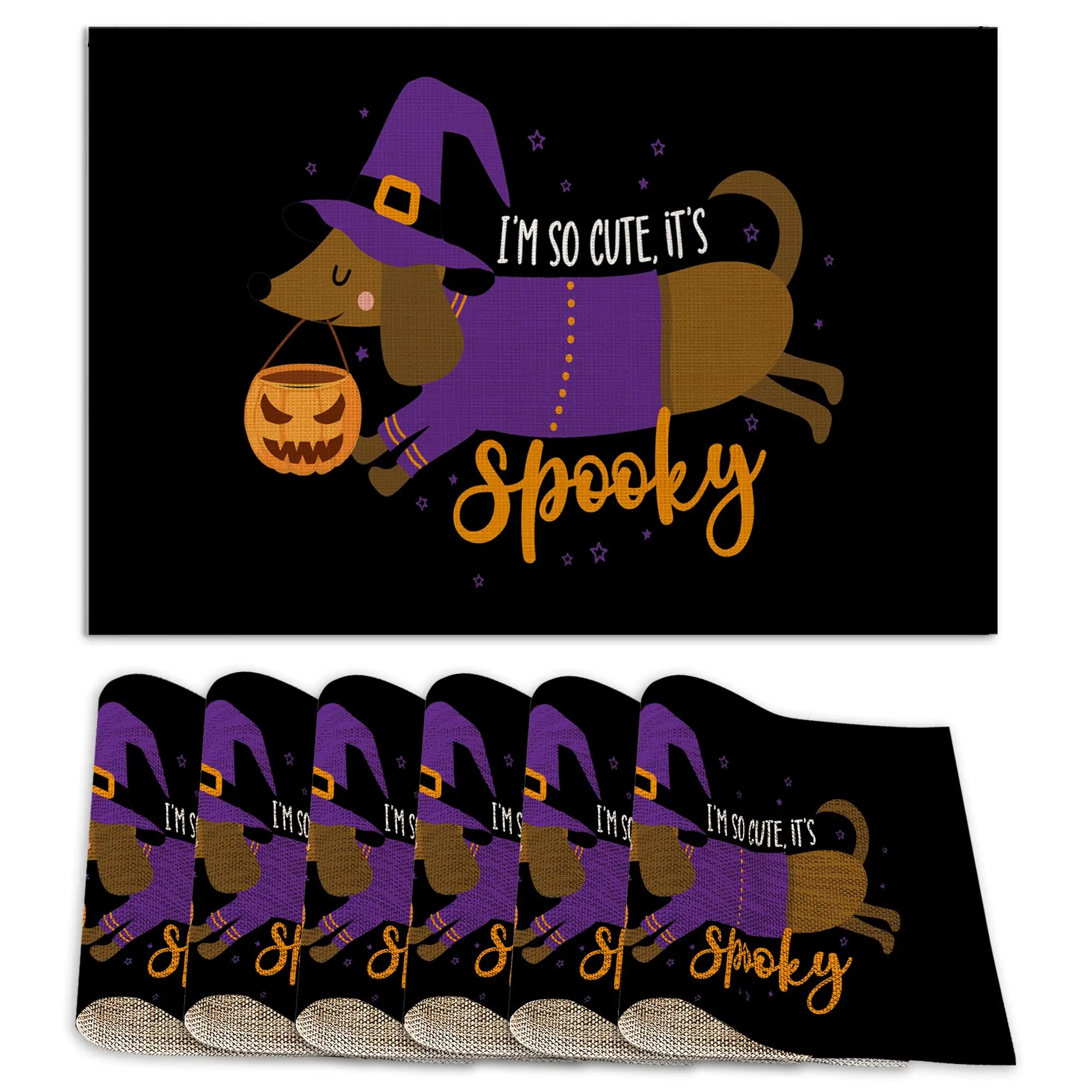 1PCS Washable Halloween Dachshund Dog Print Placemats-Resistant Thick Linen Table Mats for Dining Table Home Decor