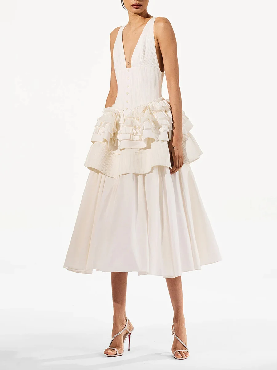 TWOTWINSTYLE الصلبة تقسم الكشكشة طيات فساتين طويلة أنيقة للنساء الخامس الرقبة أكمام تونك المرقعة أزرار فستان الإناث