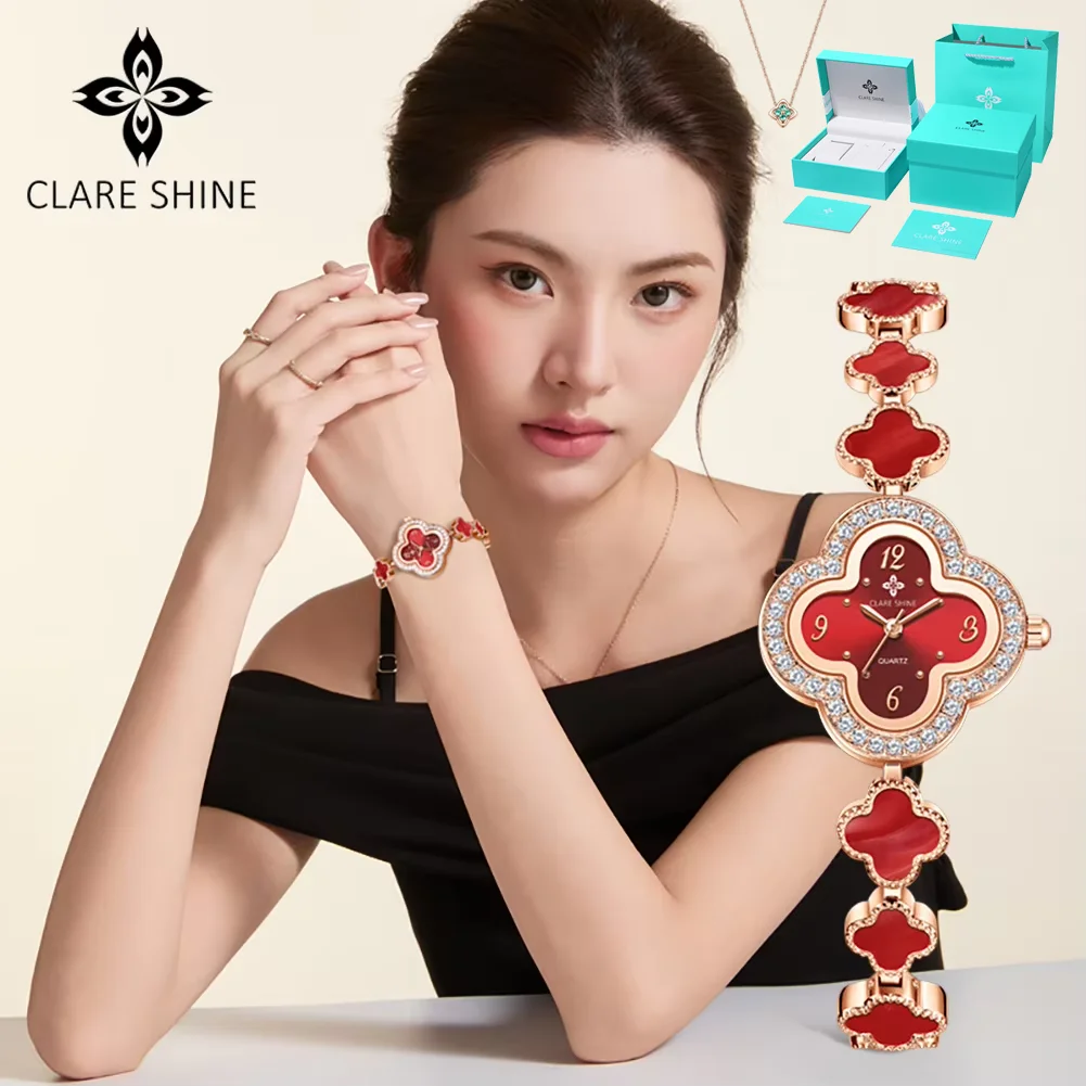 CLARE SHINE Quartz Watch For Women Elegant Luxury Diamond Bezel Waterproof Watch Lucky Ladies Wristwatch Necklace Gift Box Sets