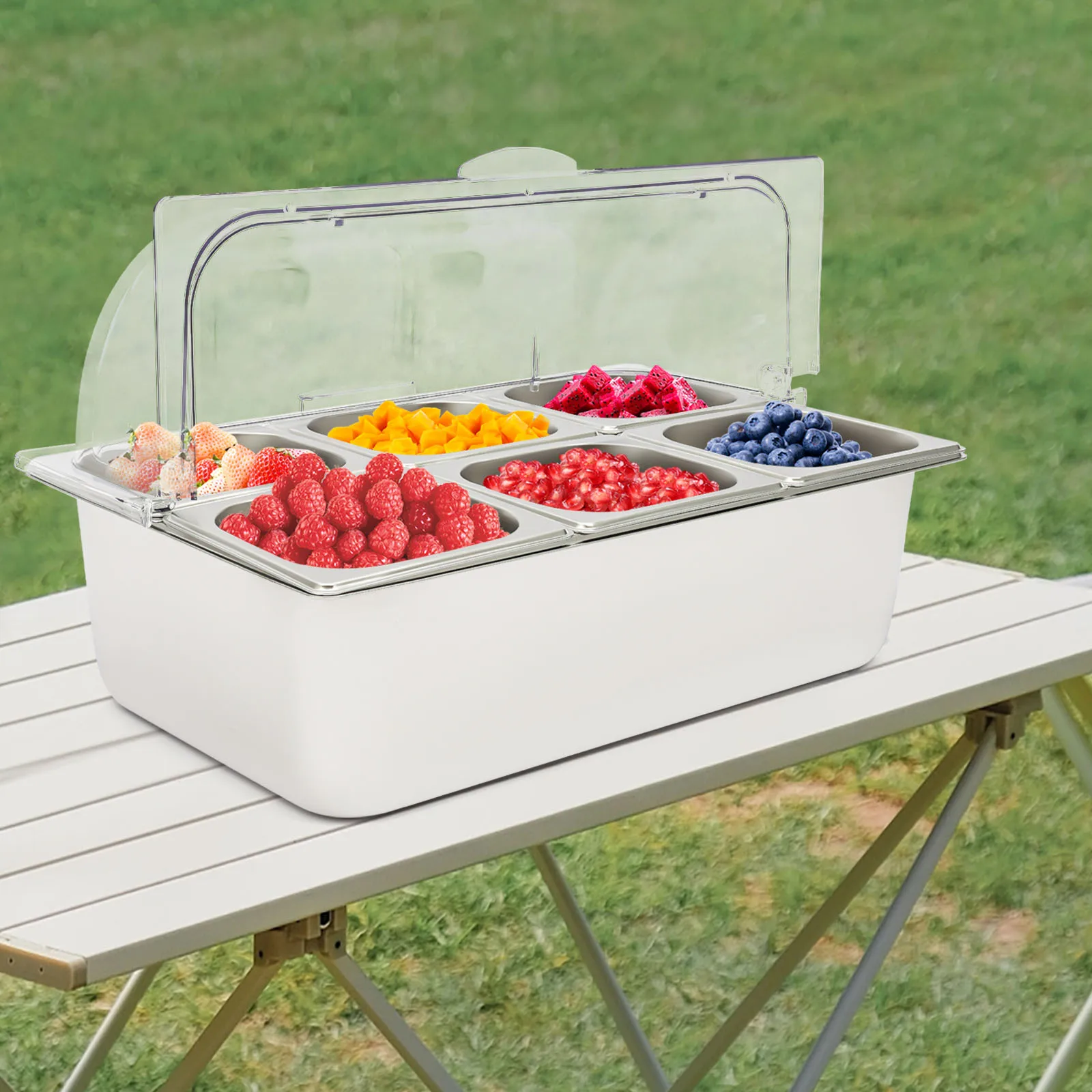 6-Pan Ice Food Display Tray – Stainless Steel + PC – Hot & Cold – Roll Top Cover – for Buffet Party – 21