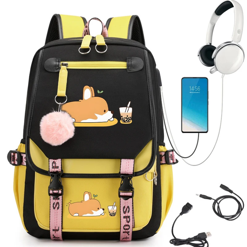 Kawaii Cute Backpack School Bag for Kid Child Teenage Schoolbag Primary Backpack Boba Corgi Bubble Tea Anime School Backpack Bag