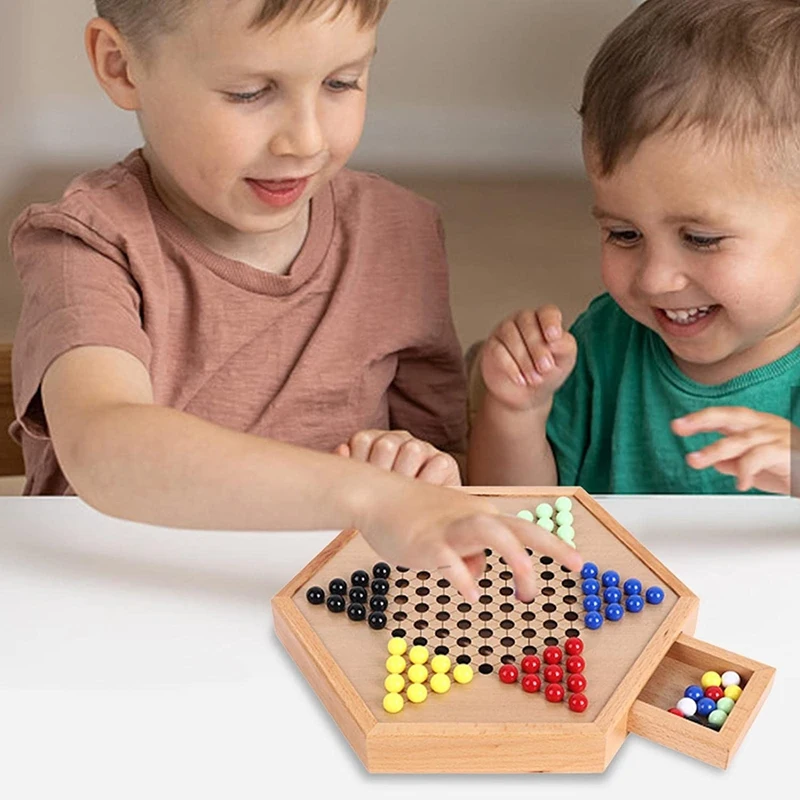 Hexagon Drawer Beech Glass Bead Checkers Glass Ball Children Adult Puzzle Checkers Set