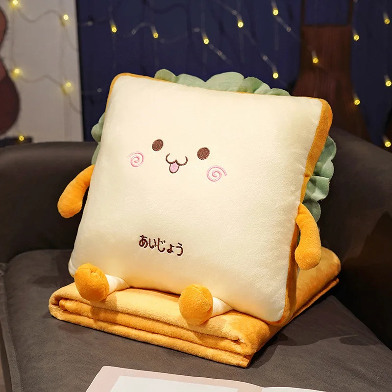 Cartoon Toast Bread 3-in-1 Convertible Pillow Cushion with Blanket Office Nap Pillow Multi-functional Product Throw Blanket