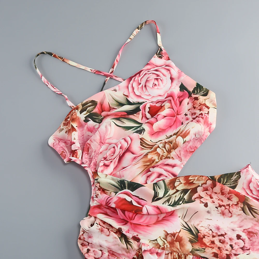 Robe Longue à Imprimé de Fleurs Roses pour Femme, Tenue Sexy à Col Licou, à la Mode, Vacances d'Été, Anniversaire, pour Fille