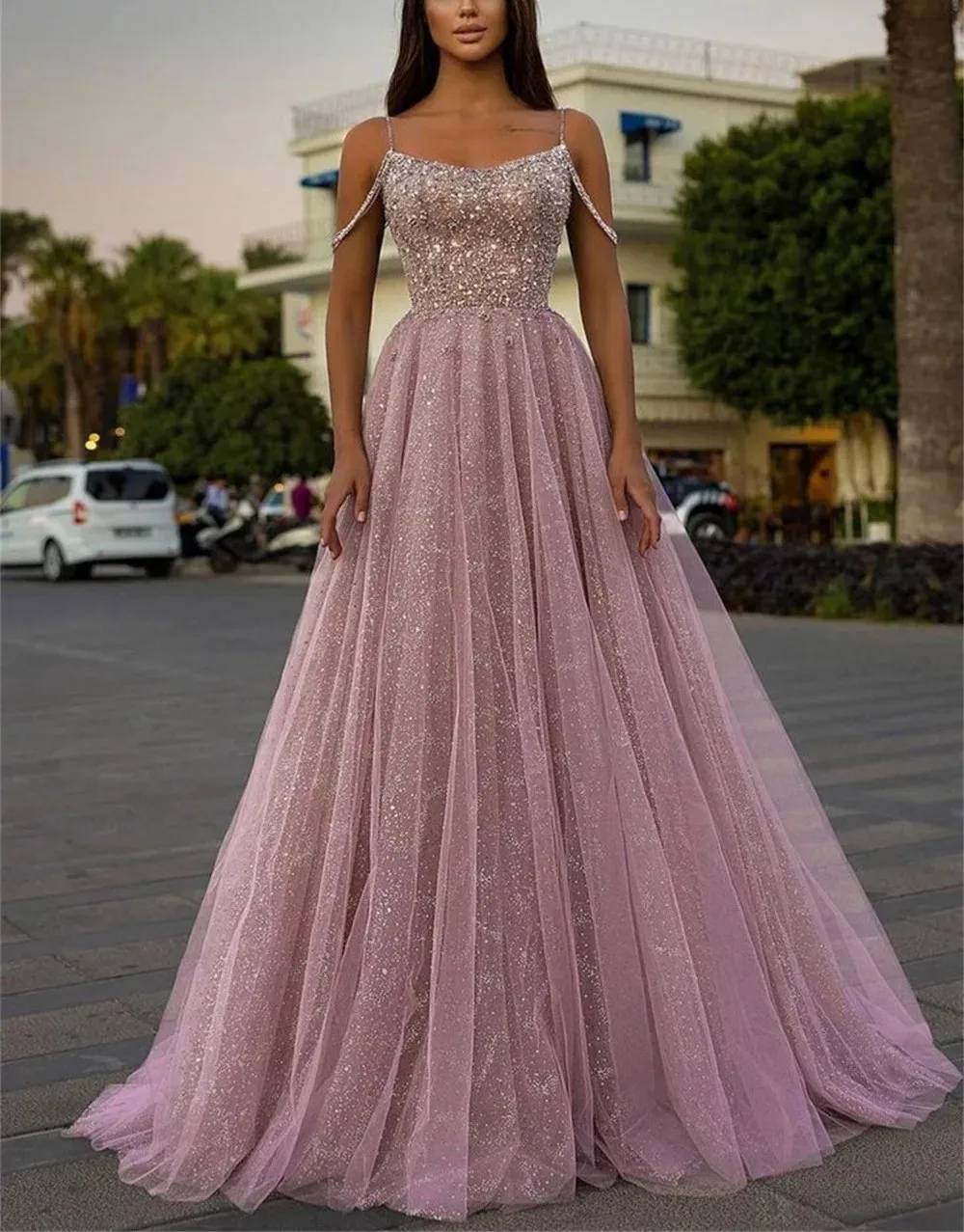 

Сексуальное блестящее темно-розовое платье для выпускного вечера 2026, тюлевое вечернее платье на бретельках с бисером и блестками, вечернее платье на день рождения Robe De Soiree