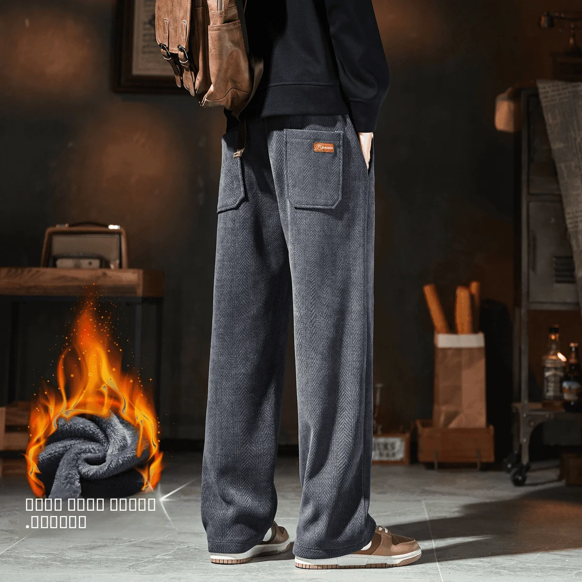 

Men's Autumn Winter Thiened Fce Lined Loose Straight Leg Casual Pants Wheat Spike Pattern Busin Casual Polyester Fiber