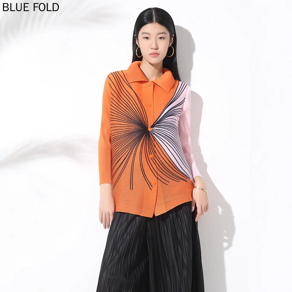 

MIYAKE Pleated Printed Casual Cardigan Temperament Top 2025 Spring New Fashion Loose Lapel Single-breasted Shirt Shirts Blouses