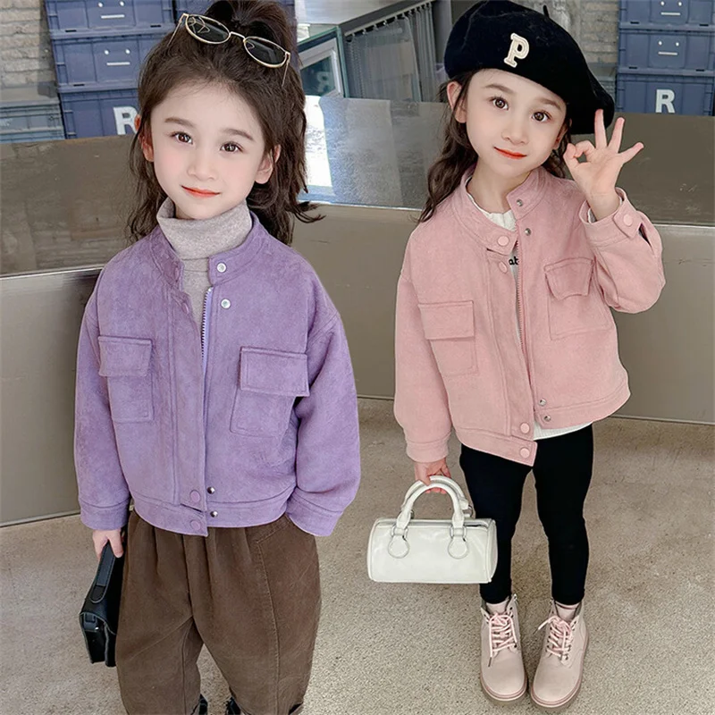Girls Leather Jacket Kids Fashion Coat Spring Autumn Casual Children Baby Zipper Standing Collar Outerwear 2025  Solid Clothes