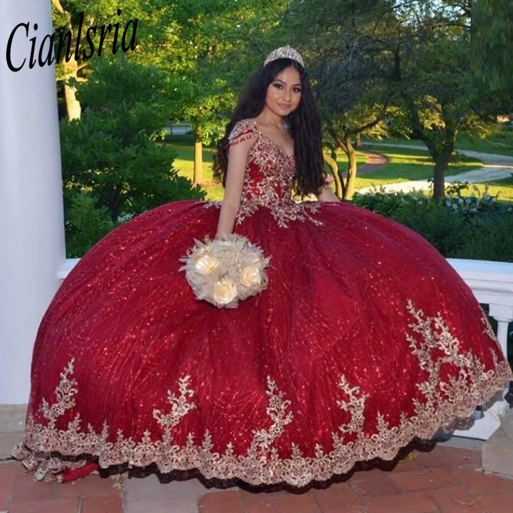 Red Quinceanera Dress Cap Sleeves  Sweet Prom Dress 3D Applique Beading 16 Princess Masquerade Party Dress