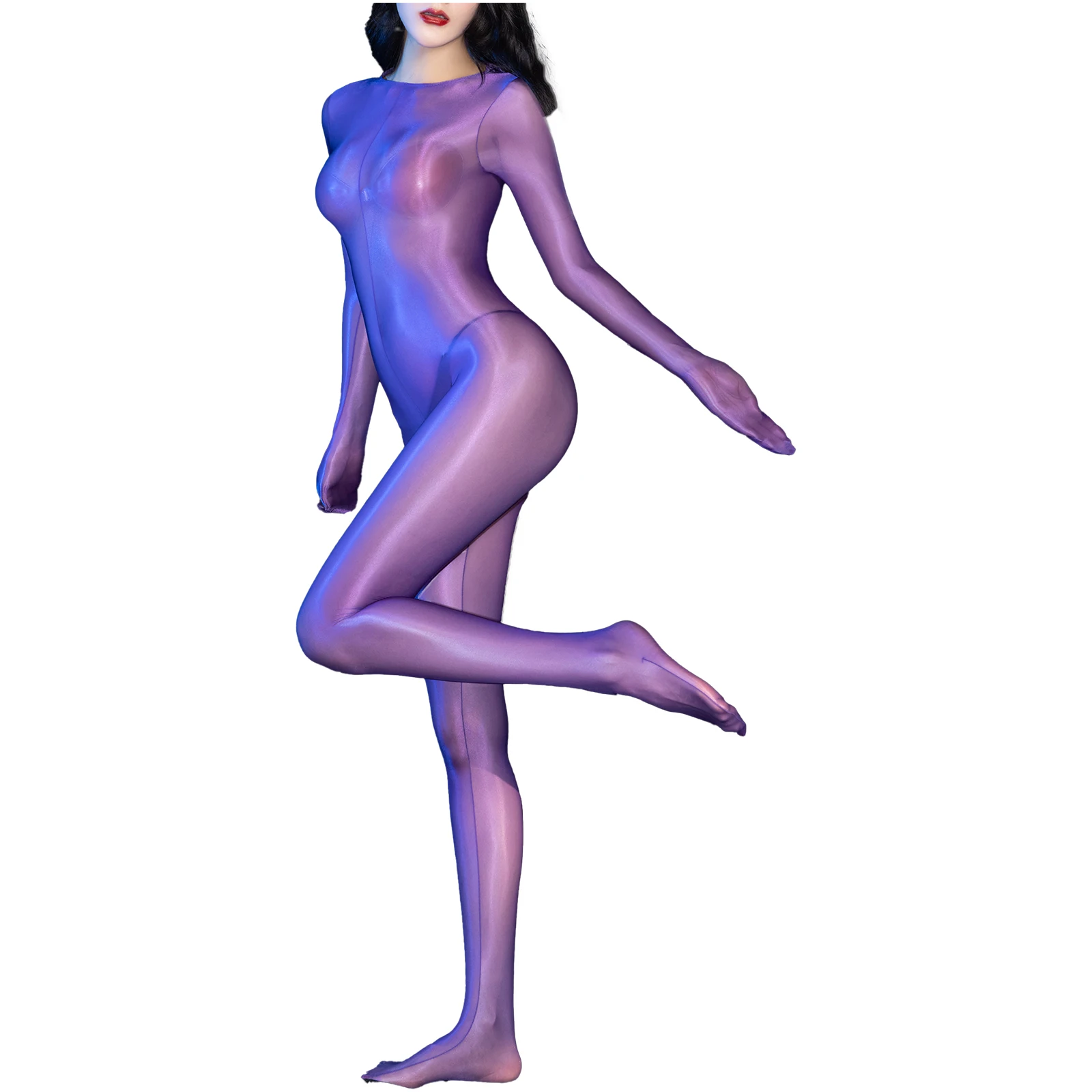 Sexy Womens Stretchy Long Sleeve Catsuit Jumpsuit Lingerie Tights Bodystocking Crotchless Glossy See-Through Hooded Bodysuit