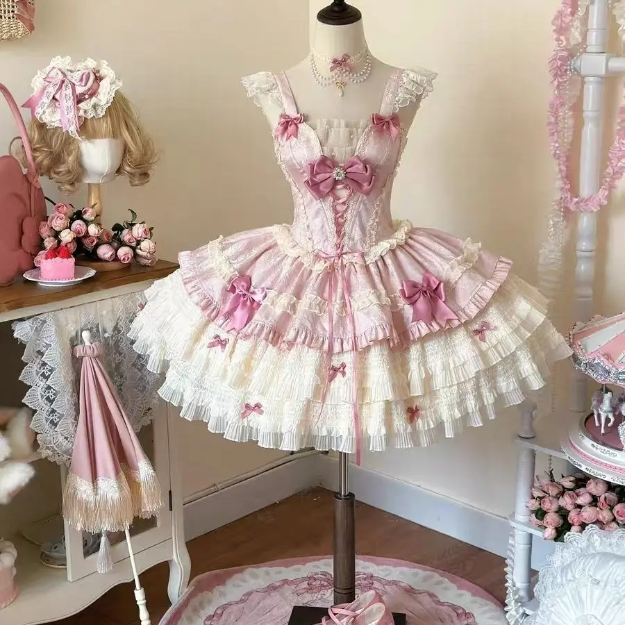 

MAGOGO Summer Sweet Lolita Y2k Mini Dress Women Bow Lace Slim Sleeveless Elegant Bandage French Vintage Short Party Dress Female