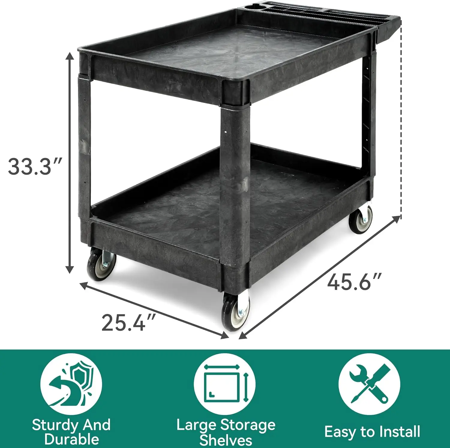 Utility Cart on Wheels, 550 lbs Capacity, 45 x 25 Inch Rolling Work Carts with Wheels, 2 Shelf Heavy Duty Plastic Service Cart S