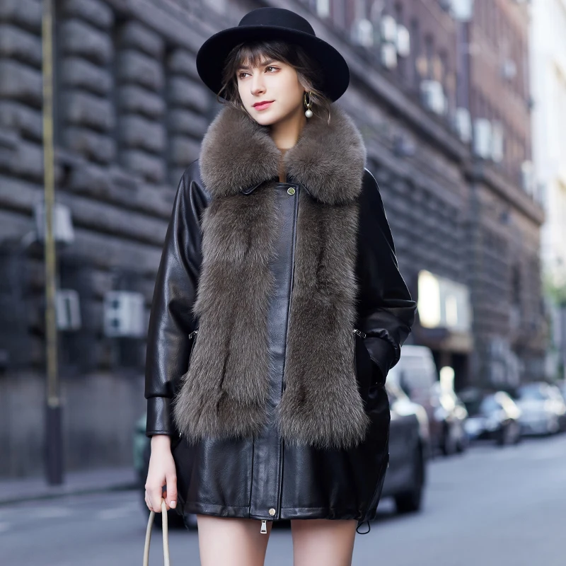 YOLANFAIRY جلد طبيعي أسفل سترة المرأة الثعلب الفراء طوق فضفاض معطف جلد الغنم المرأة سترات من الجلد ملابس السيدات أنيقة