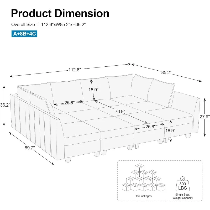 Oversized Modular Sectional Couch Sleeper Sofa with Storage Velvet Bed for Living Room, 12 Seats, Black